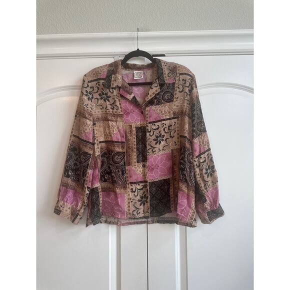 Allison Daley Brown, Purple, Black Patch Boho Print Button up Collar Top - Picture 2 of 5